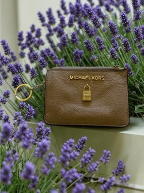 Michael Kors Brown Pebbled Leather Card Pouch with Gold Accent